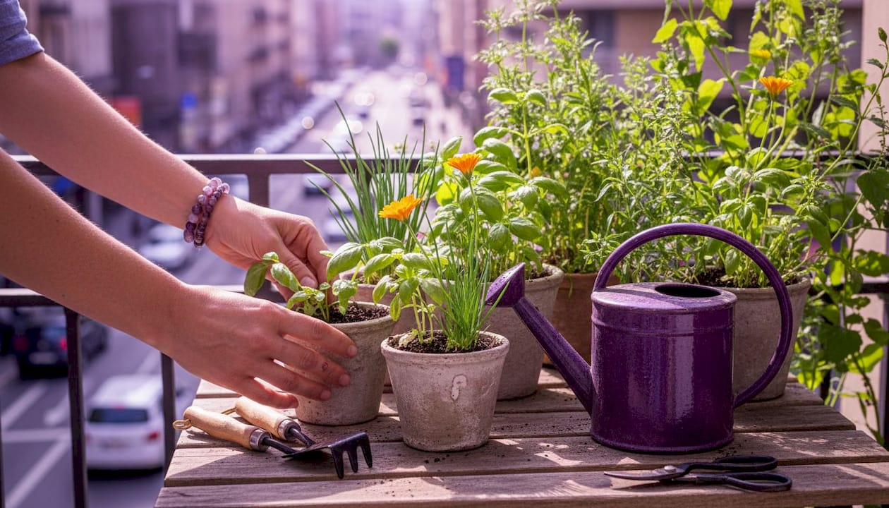 Hands tending edible herb pots indoors
