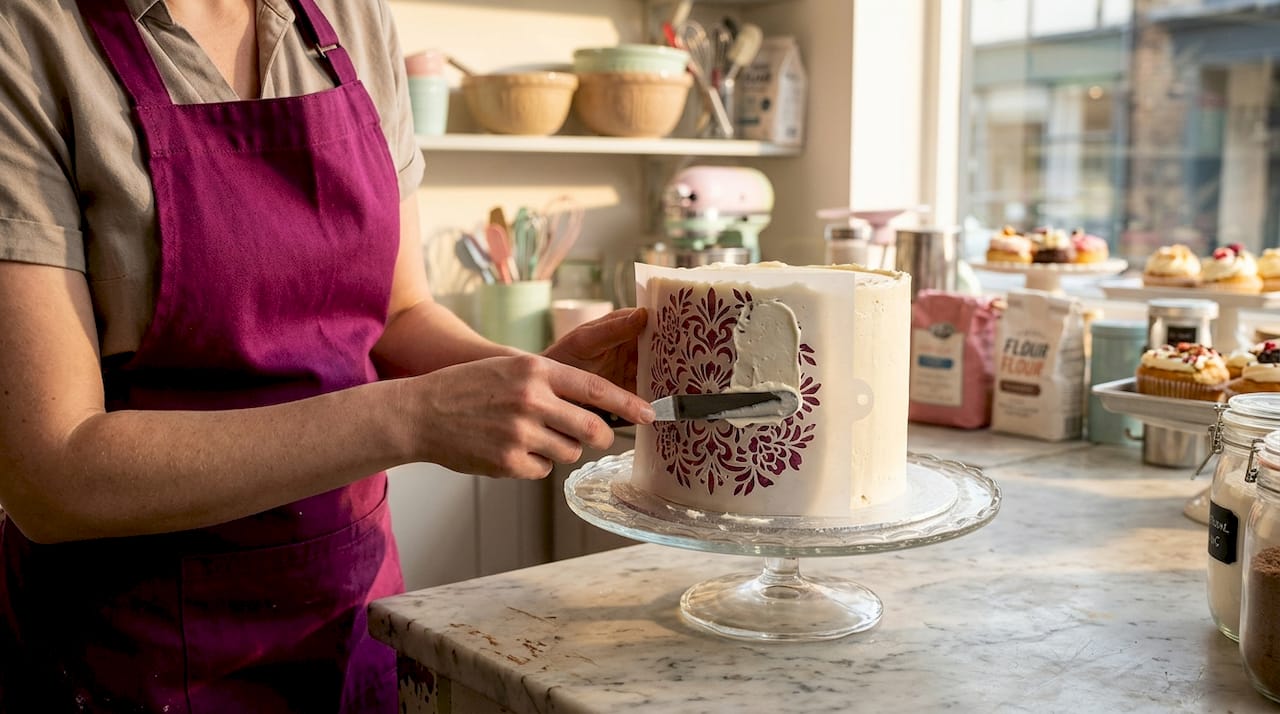 Hands pressing stencil onto cake while icing