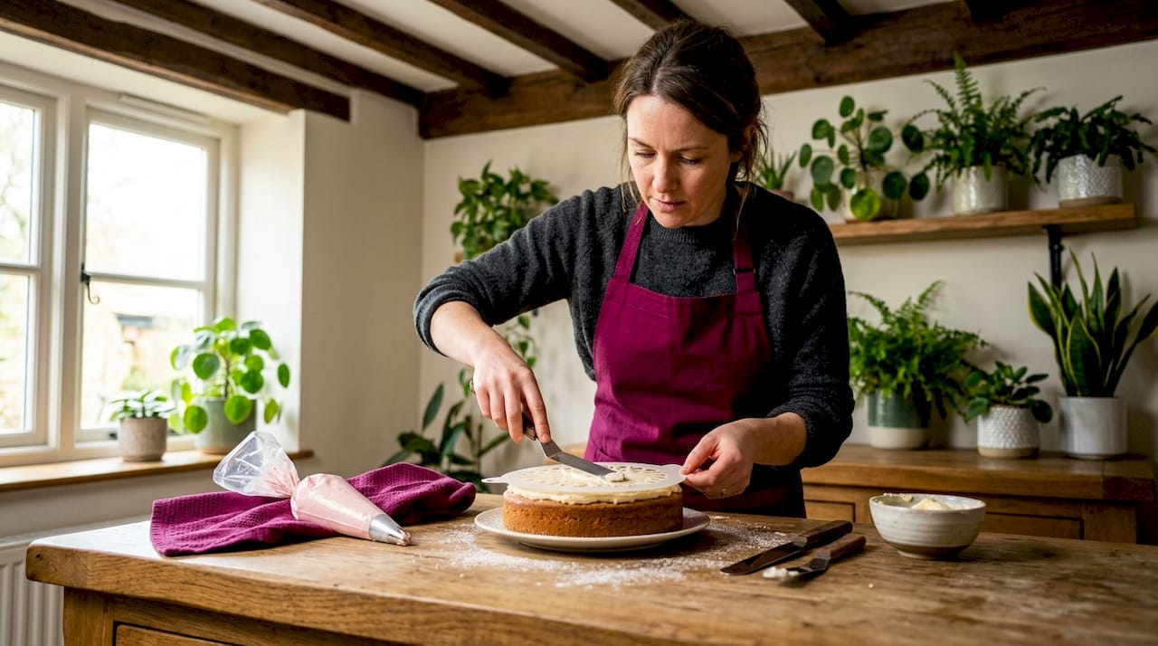 Woman applying stencil icing to cake in kitchen