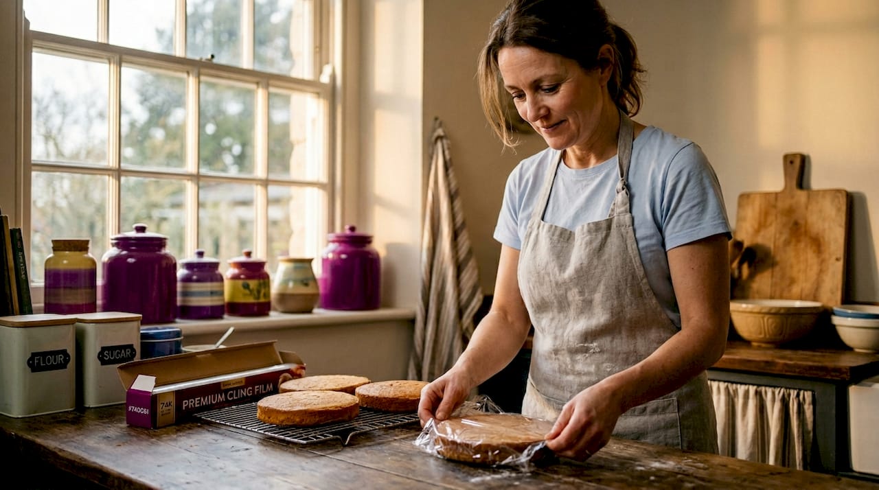 Baker wrapping cake layer for freezing