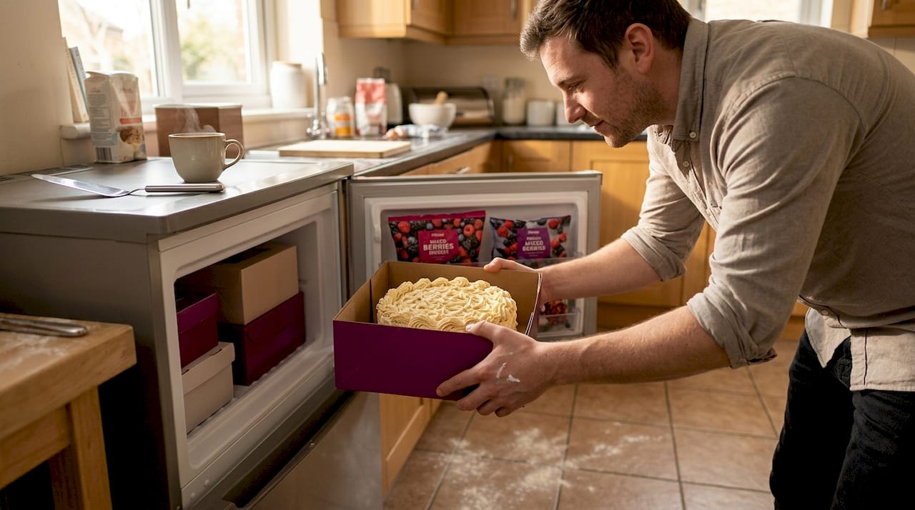 Baker putting decorated cake in freezer