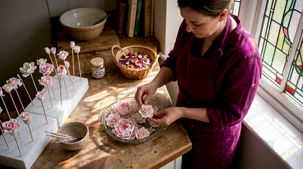 Storing finished sugar flowers on tray in pantry