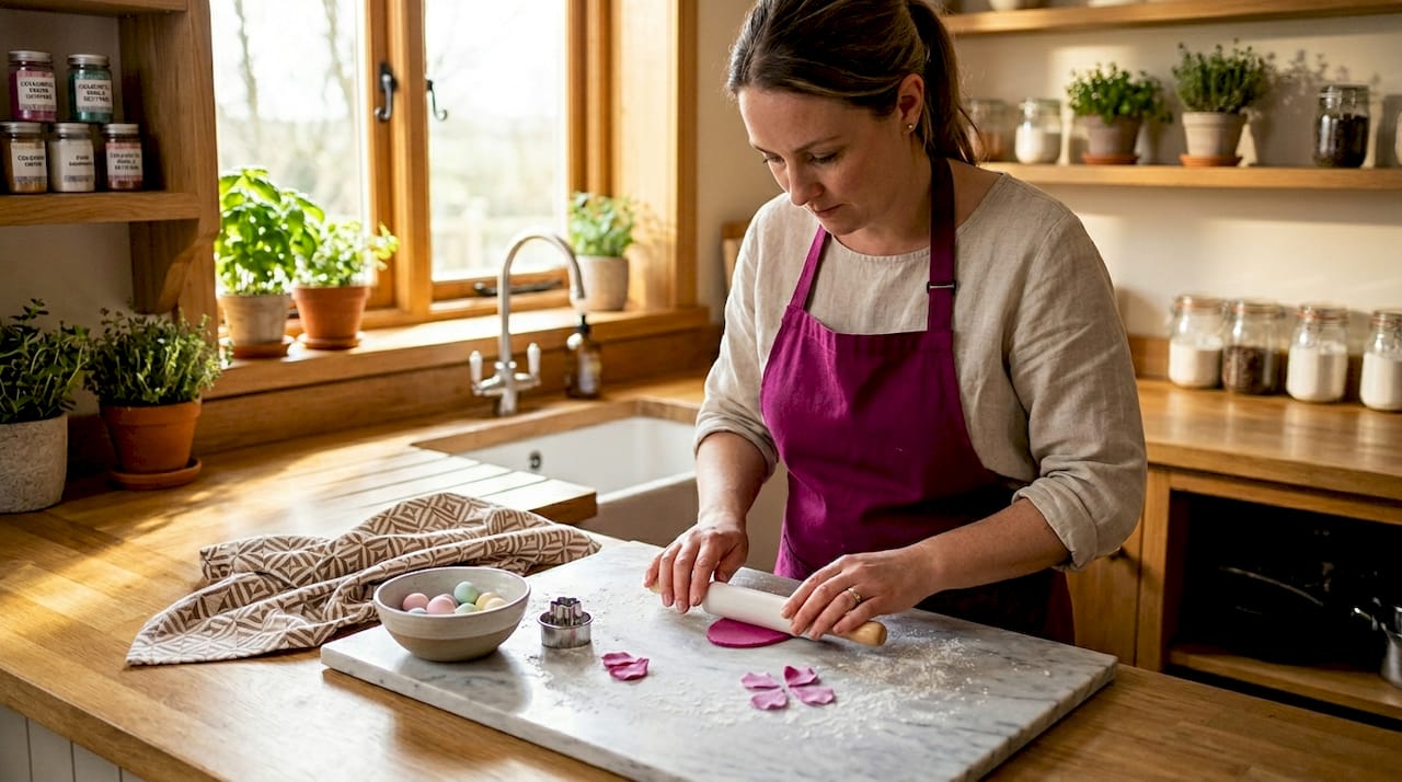 Decorating sugar flowers at bright kitchen island