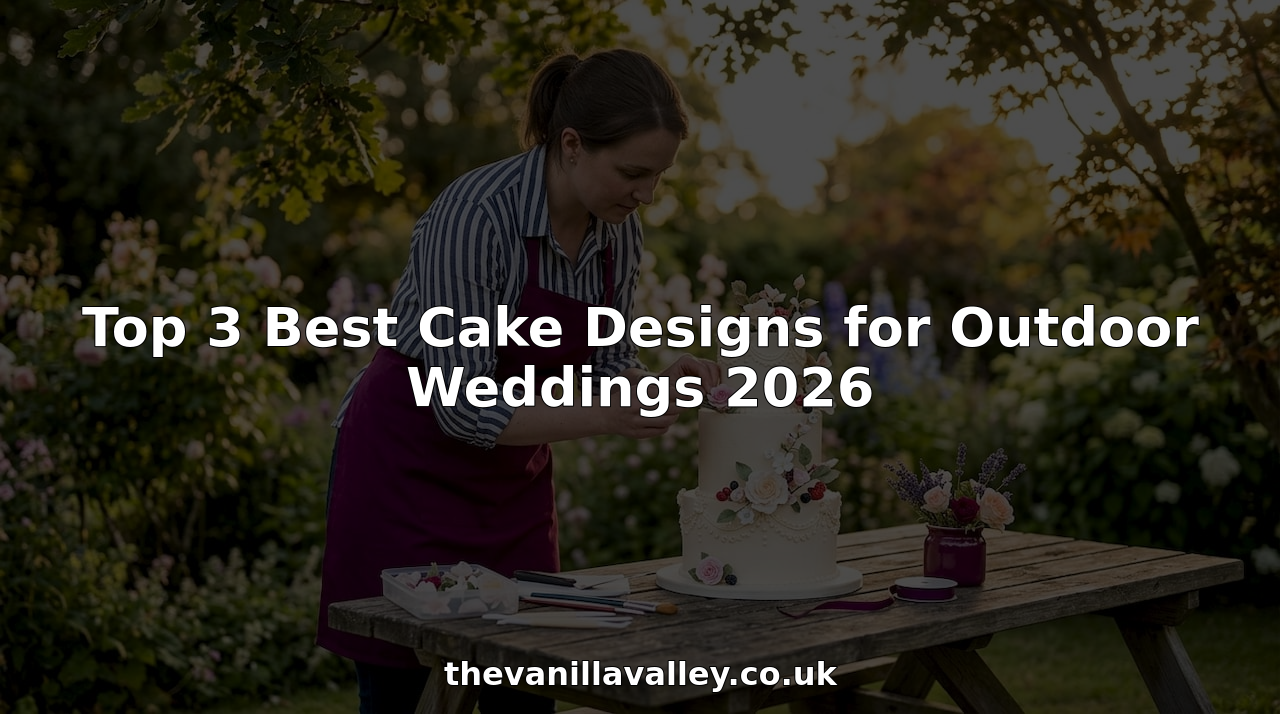 Cake decorator arranging outdoor wedding cake