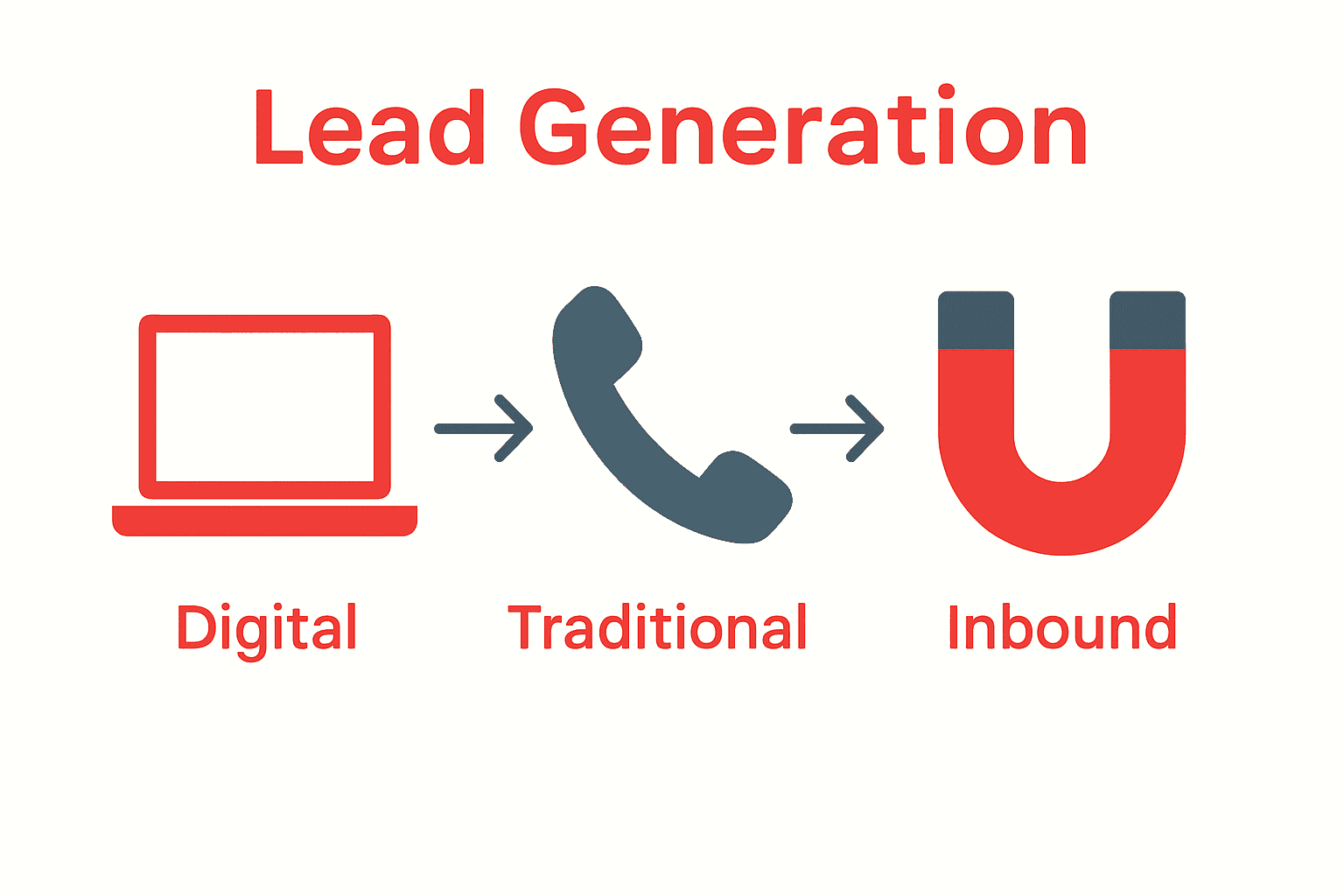 Infographic comparing digital, traditional, and inbound lead generation methods with simple icons.