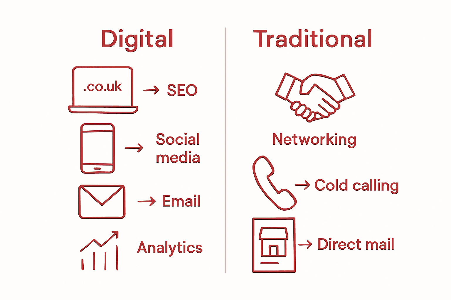Infographic comparing digital and traditional lead generation strengths.