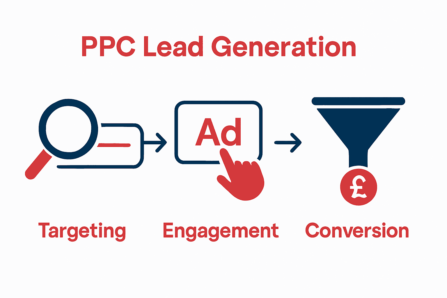 3-step PPC lead generation infographic: targeting, engagement, conversion.