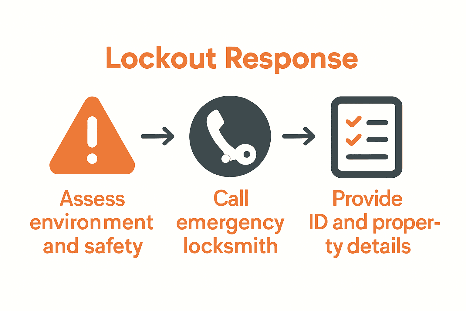 Step-by-step lockout emergency procedure infographic with icons.
