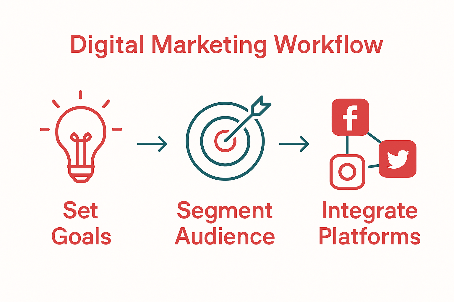 Infographic showing digital marketing steps: set goals, segment audience, integrate platforms.