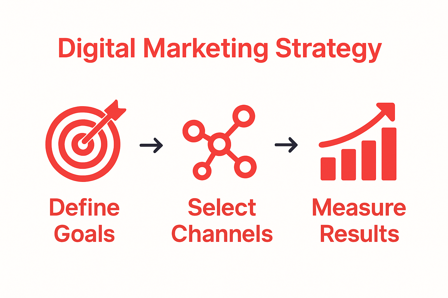 Three-step digital marketing strategy infographic with icons for goals, channels, and results