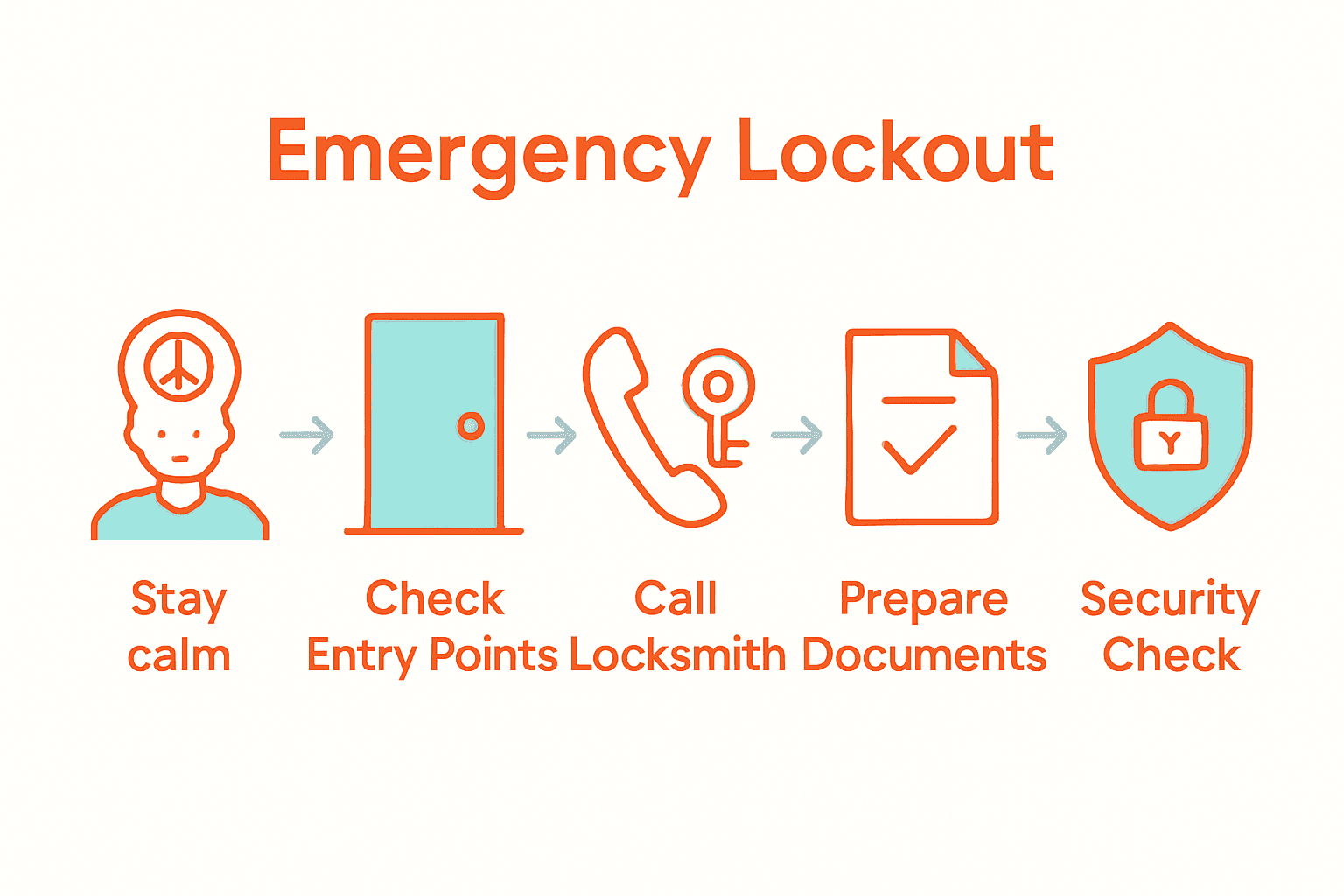 Emergency lockout five-step process illustrated with icons.