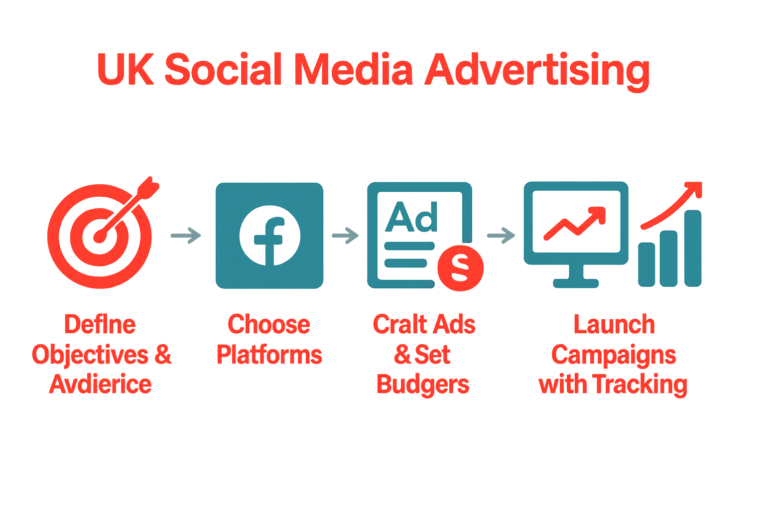 Infographic showing five-step social media advertising process for UK businesses.
