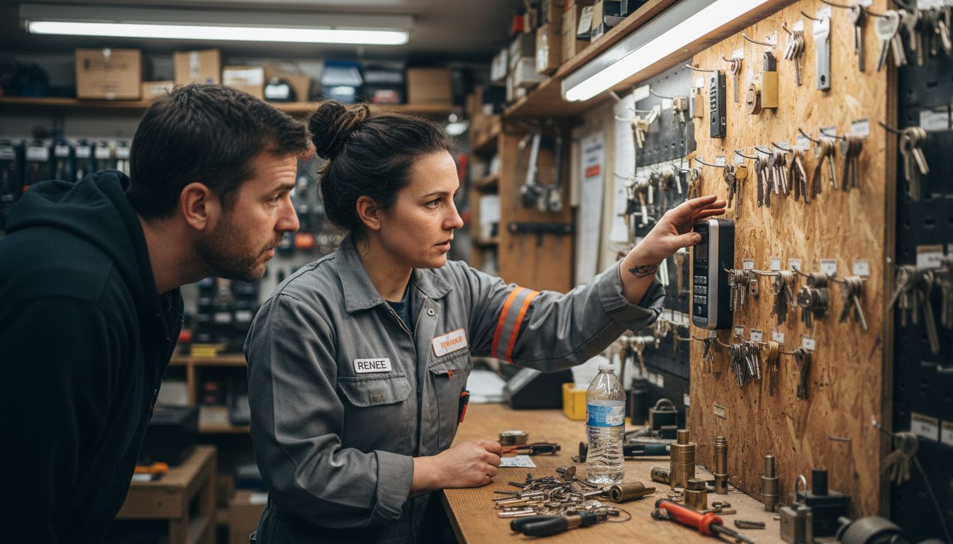 Locksmith demonstrating digital lock in shop