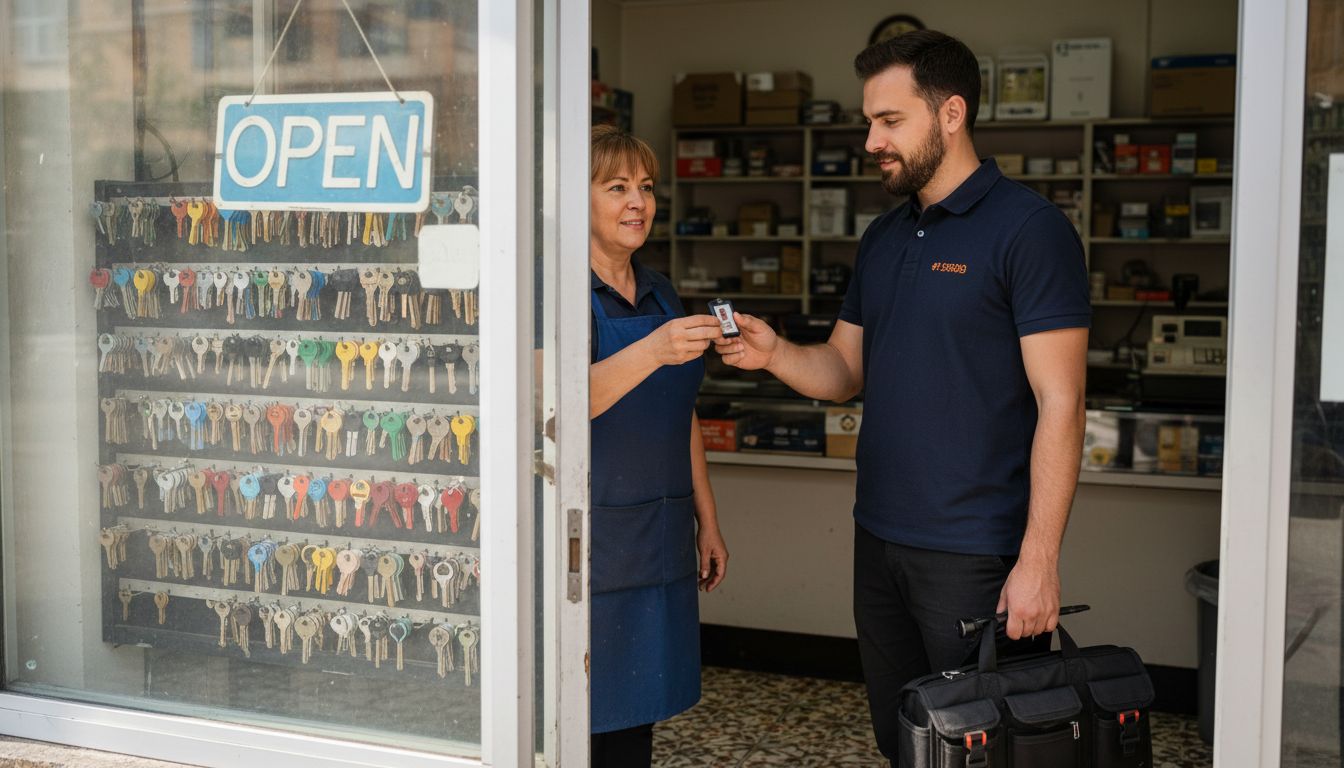 Customer checking locksmith ID at shop entrance