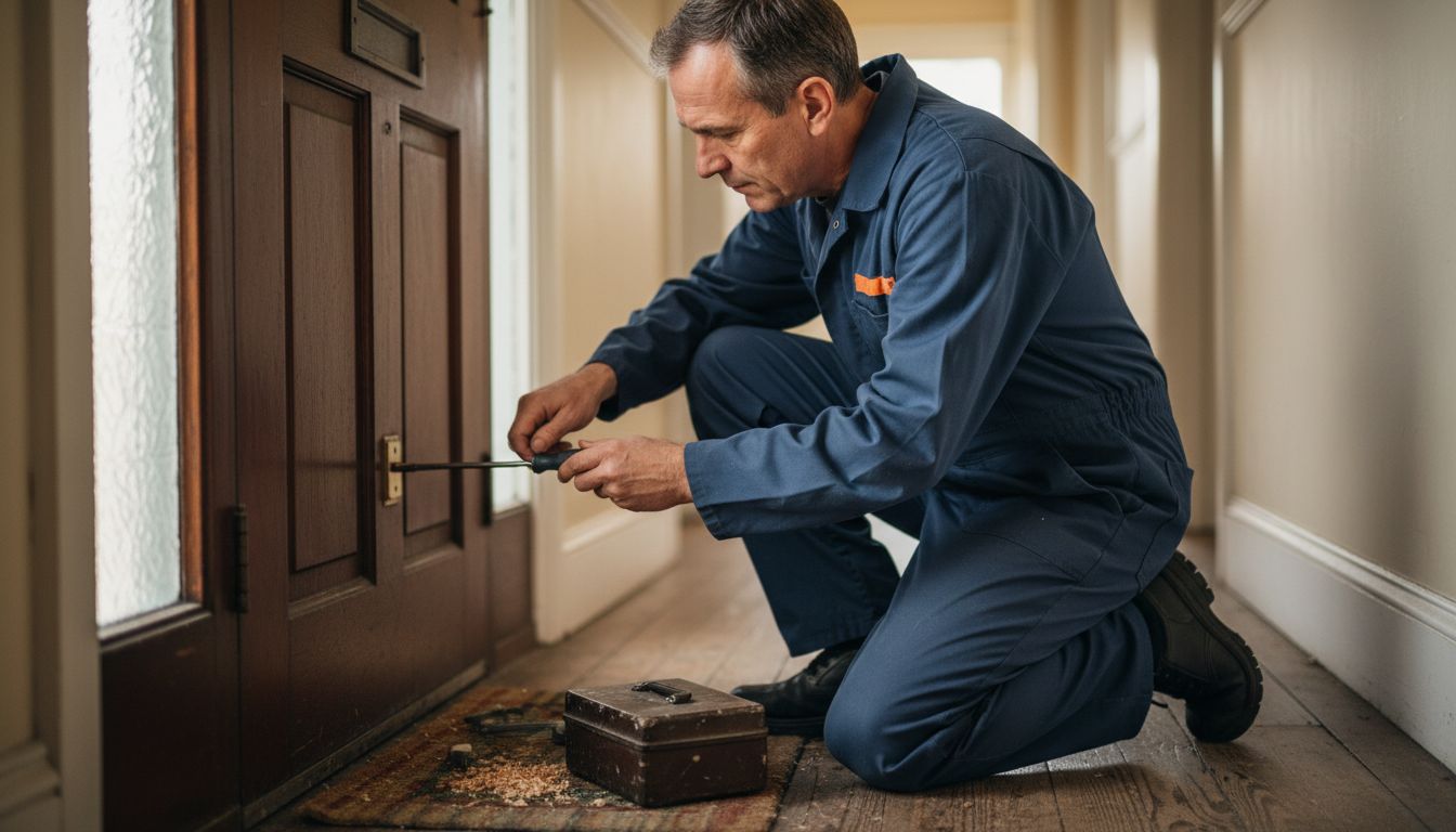 Locksmith installs mortice lock in wooden door