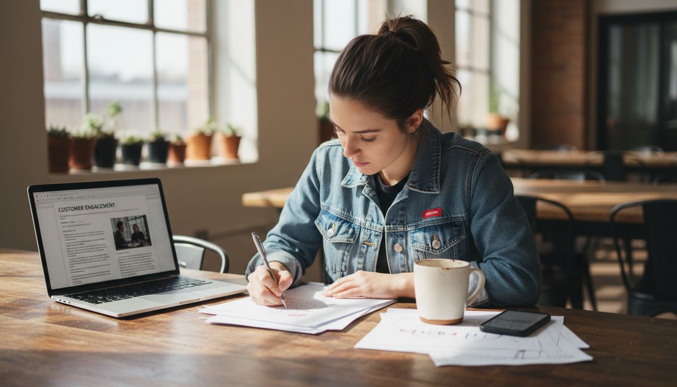 Writer developing blog post at coworking table