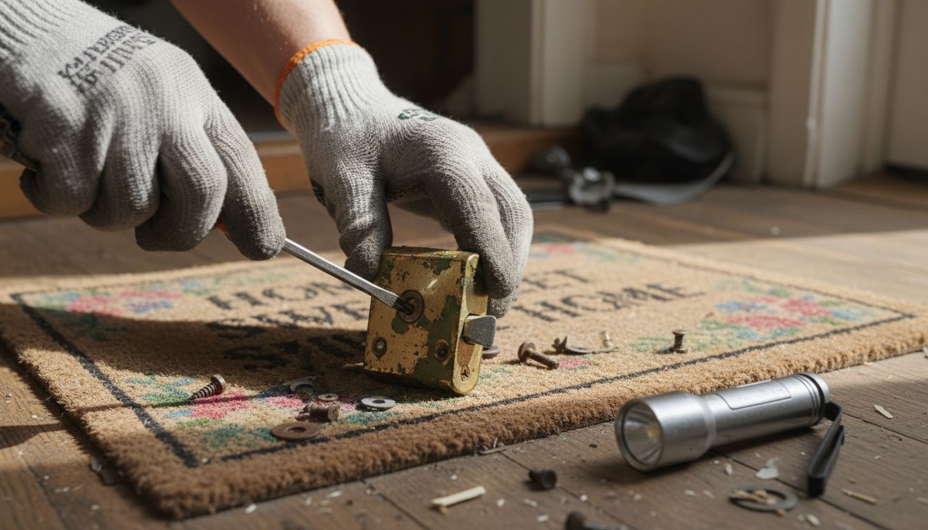 Hands repairing a worn door lock close-up