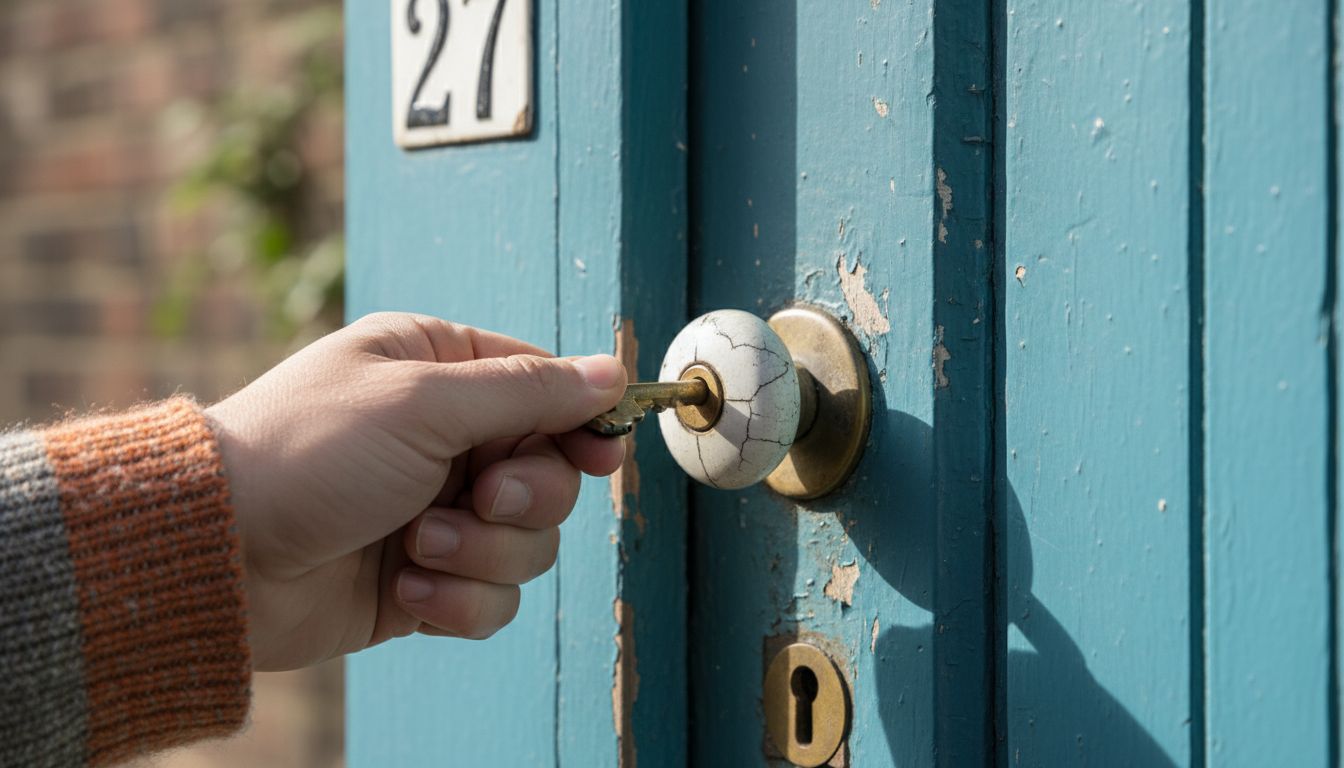 Hand struggling with damaged house lock