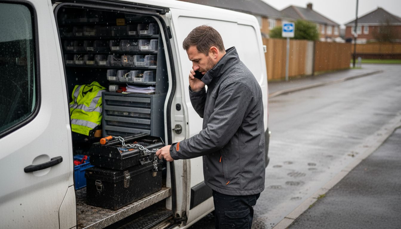 Locksmith organizing tools at emergency callout