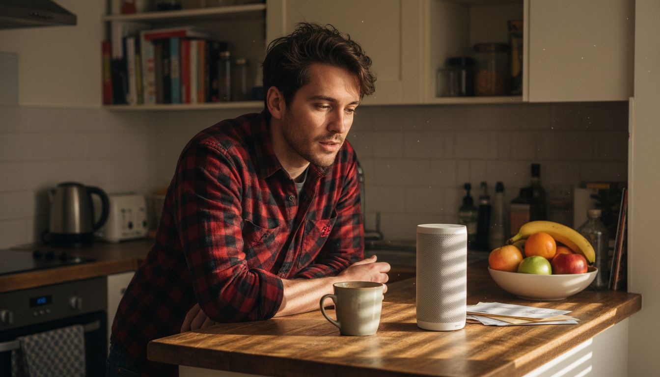 Man asking smart speaker kitchen voice search