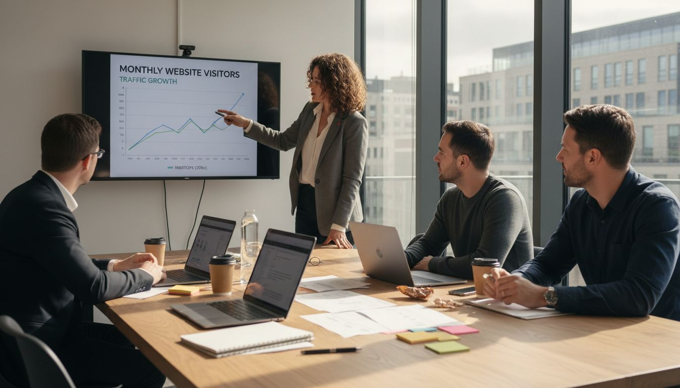 Team collaborating on SEO strategy in meeting