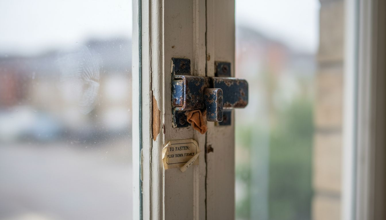 Close-up view of rusted window lock