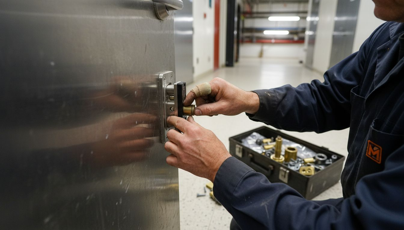 Worker installs commercial lock close-up view