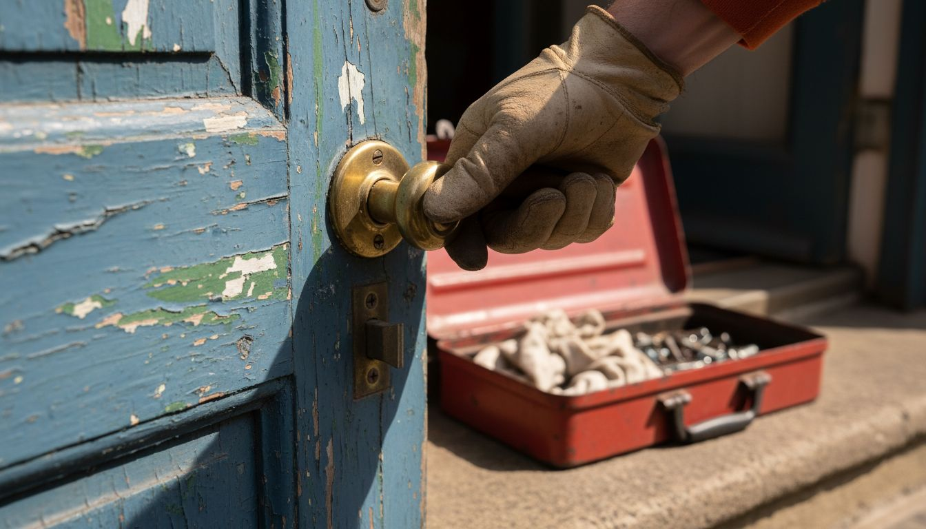 Hand inspecting old door lock for damage