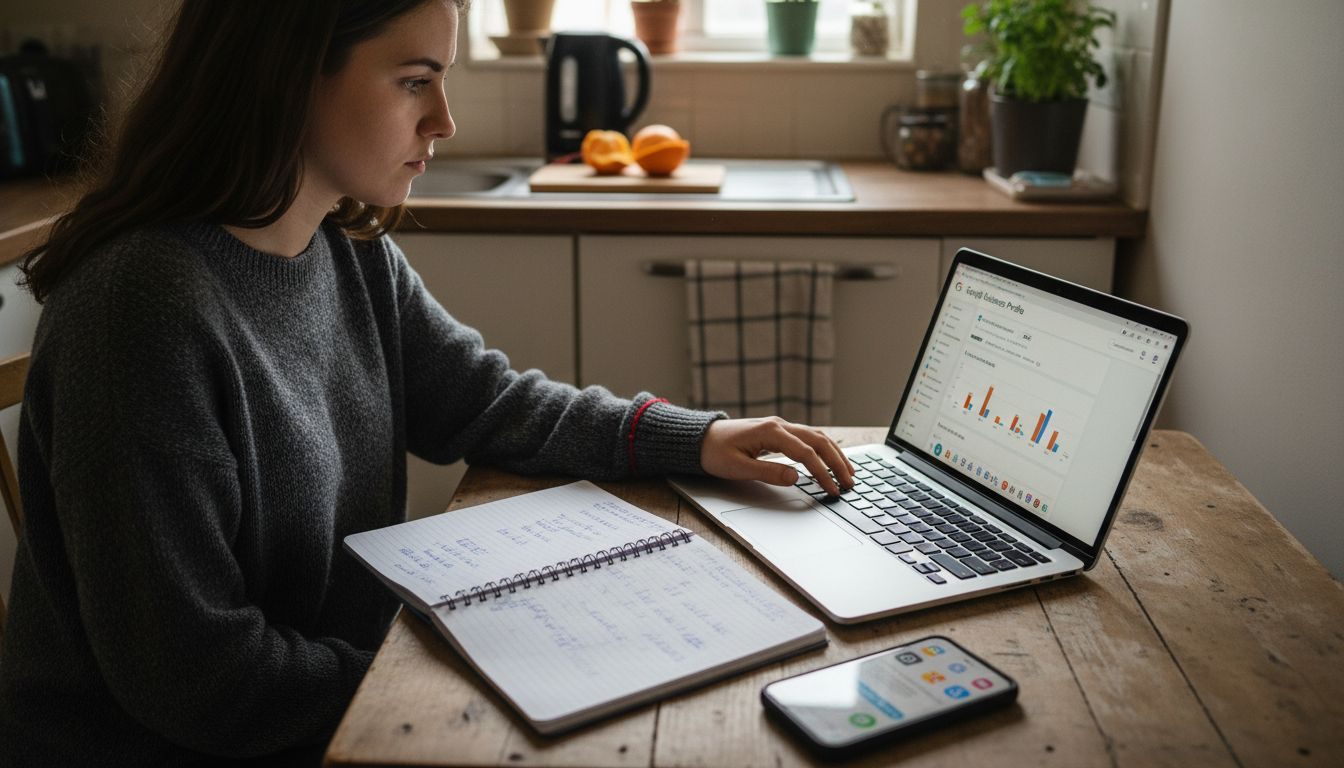 Woman setting up Google Business Profile at home