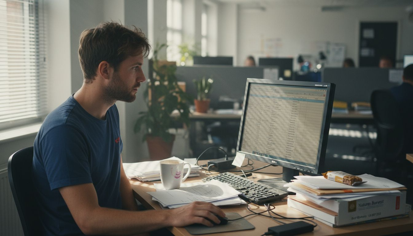Marketer sorting leads at cluttered office desk