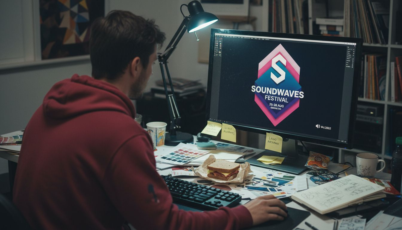 Designer creating dynamic ad at messy desk