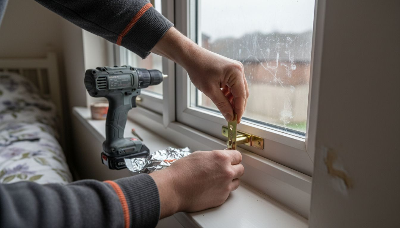 Hands attaching lock to window frame