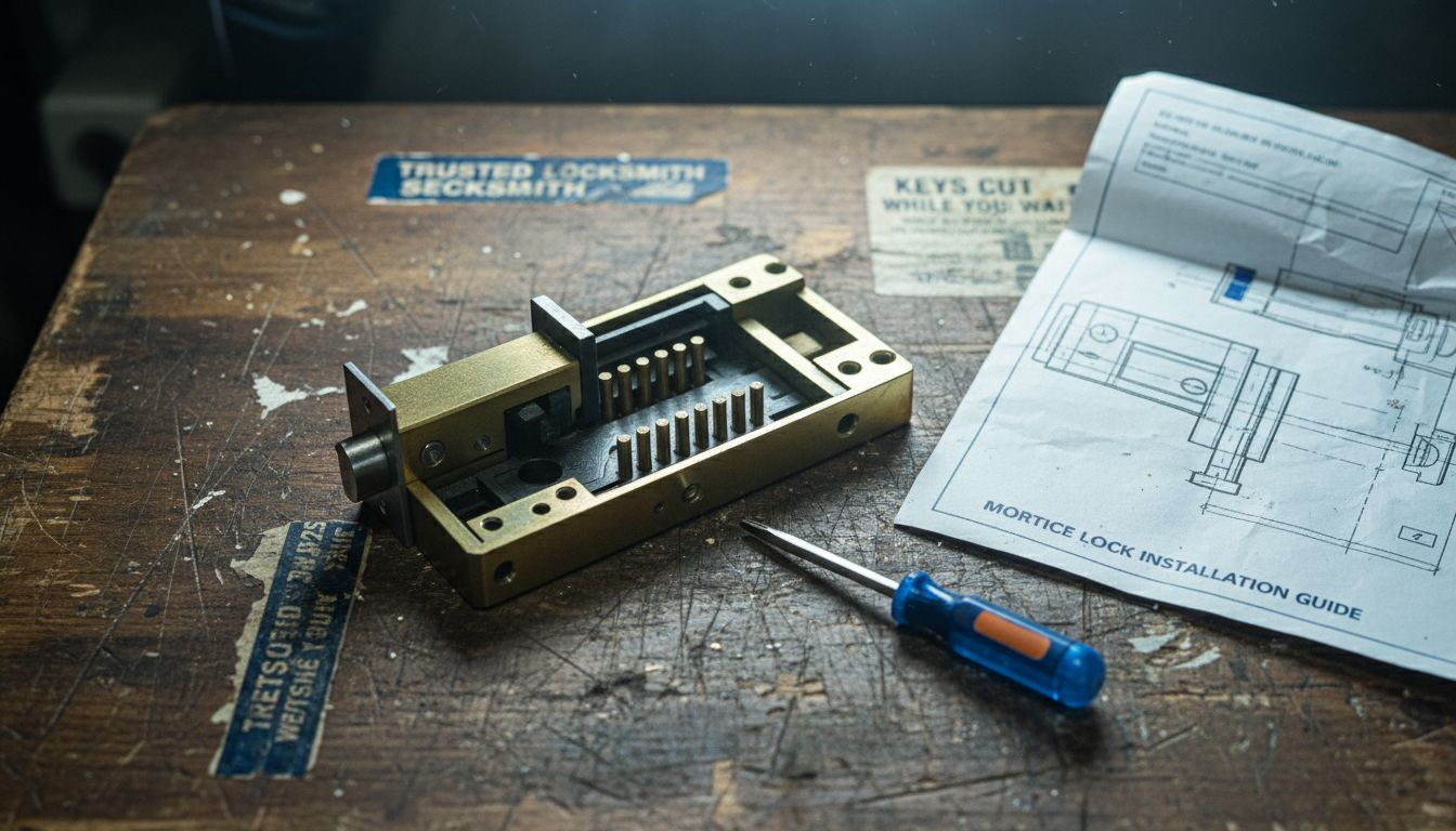 Closeup of open mortice lock on workbench