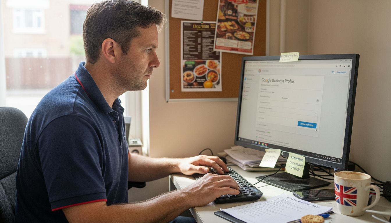 Manager updating business profile on computer