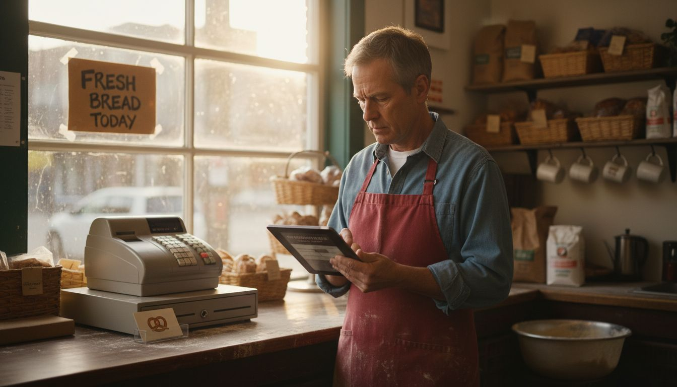 Store owner updating bakery website