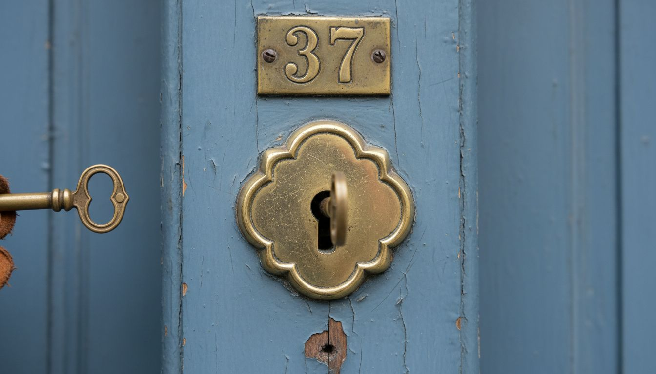 Detailed close-up of worn brass door lock