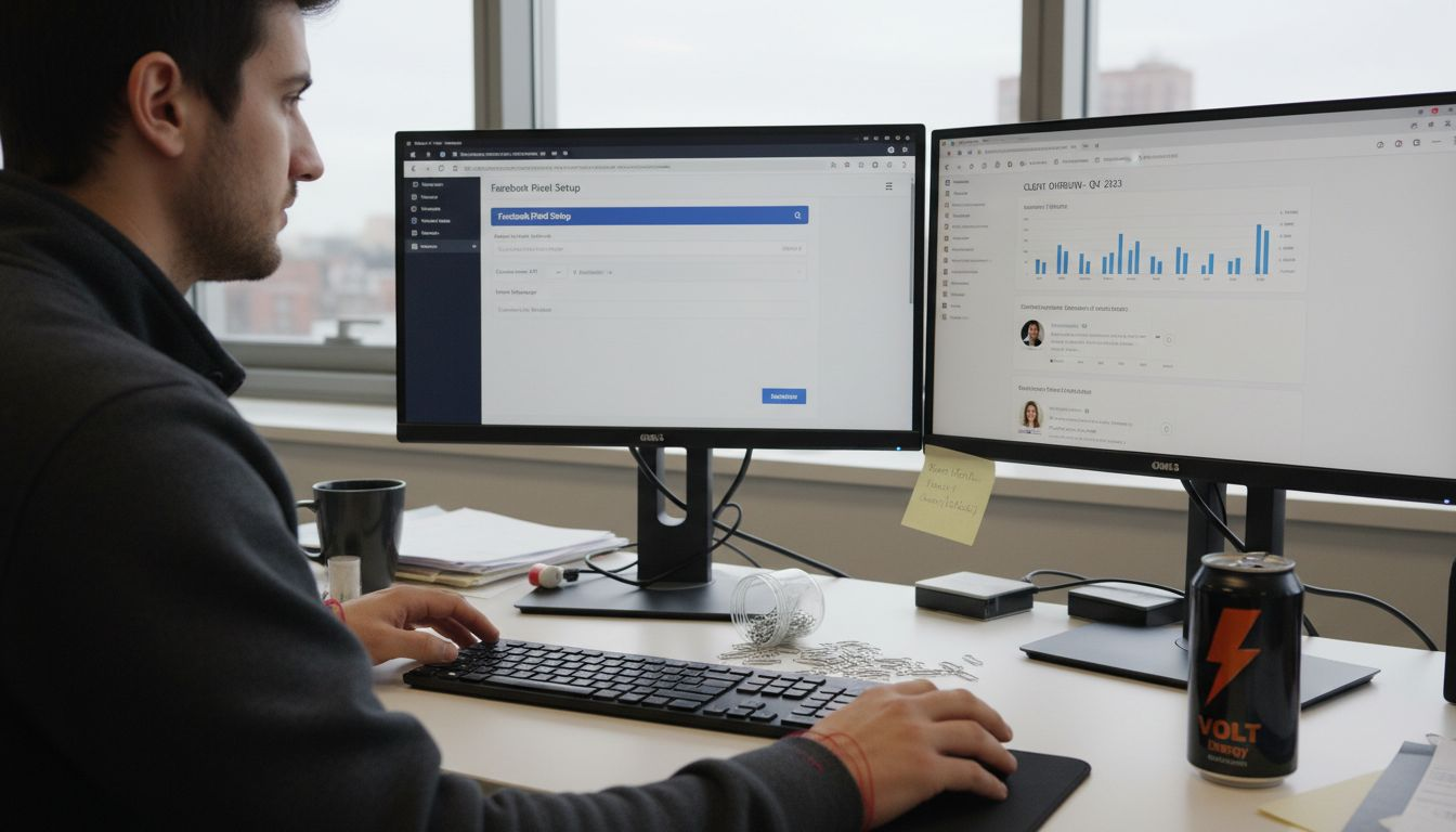 Marketer configuring Facebook Pixel and tracking tools