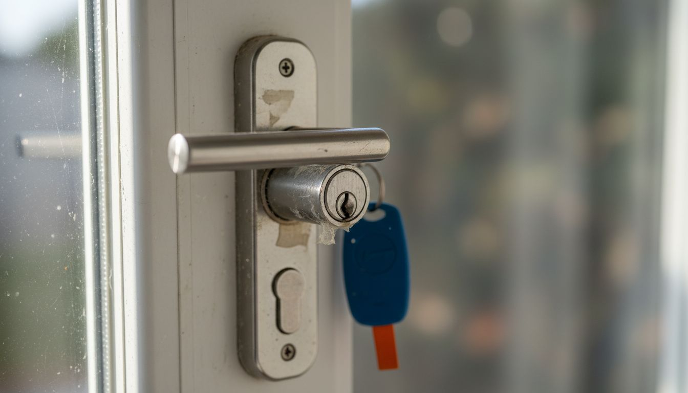 Close-up of vulnerable UPVC door lock