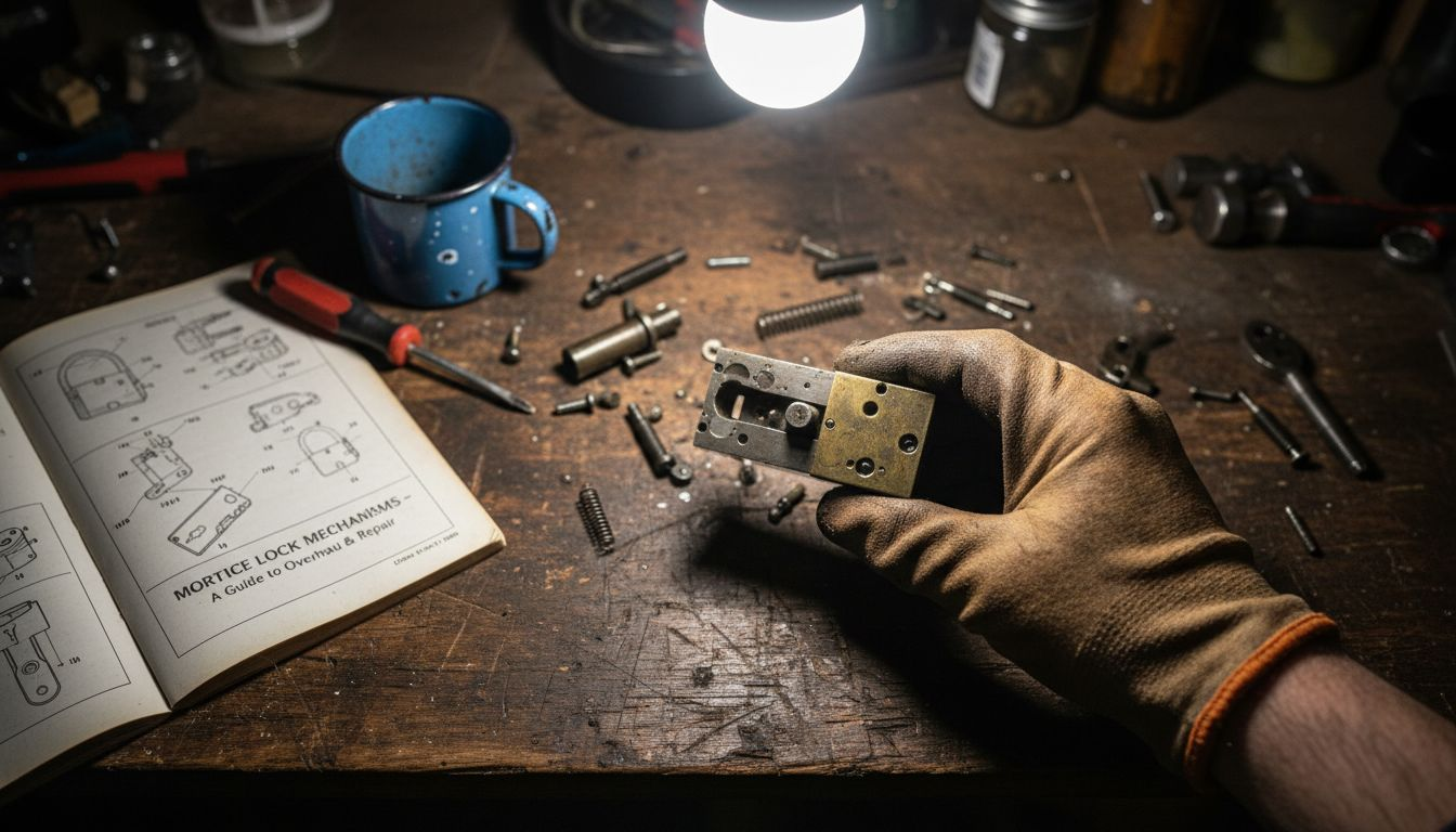 Mortice lock parts displayed on workbench