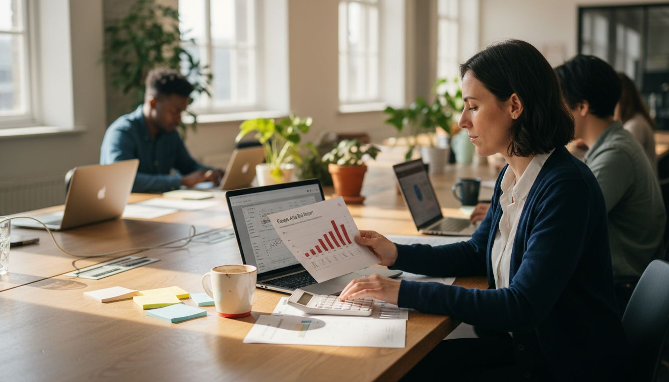 Woman reviewing Google Ads bid report
