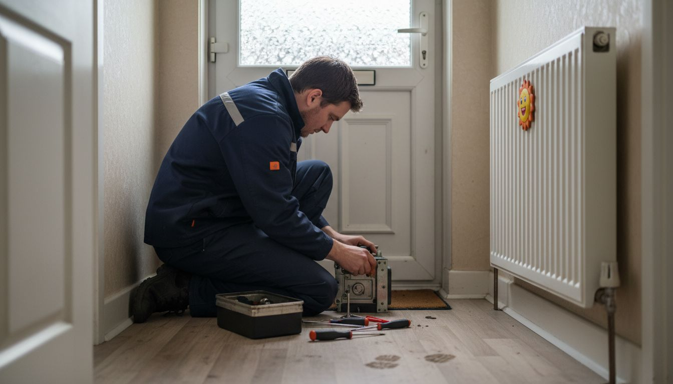 Locksmith adjusting UPVC door lock inside home
