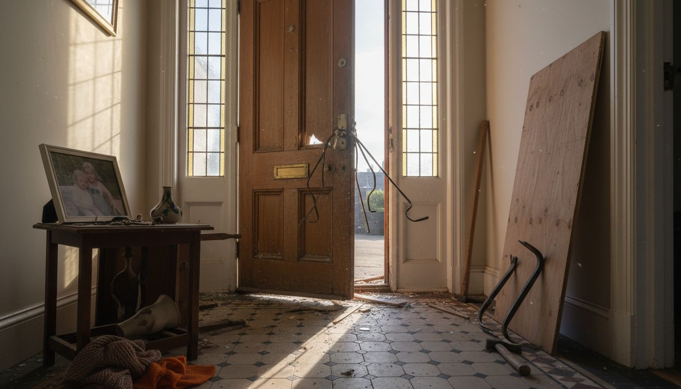 Splintered door and hallway after break-in