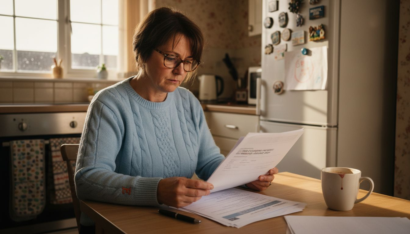 Homeowner analyzing insurance paperwork in kitchen