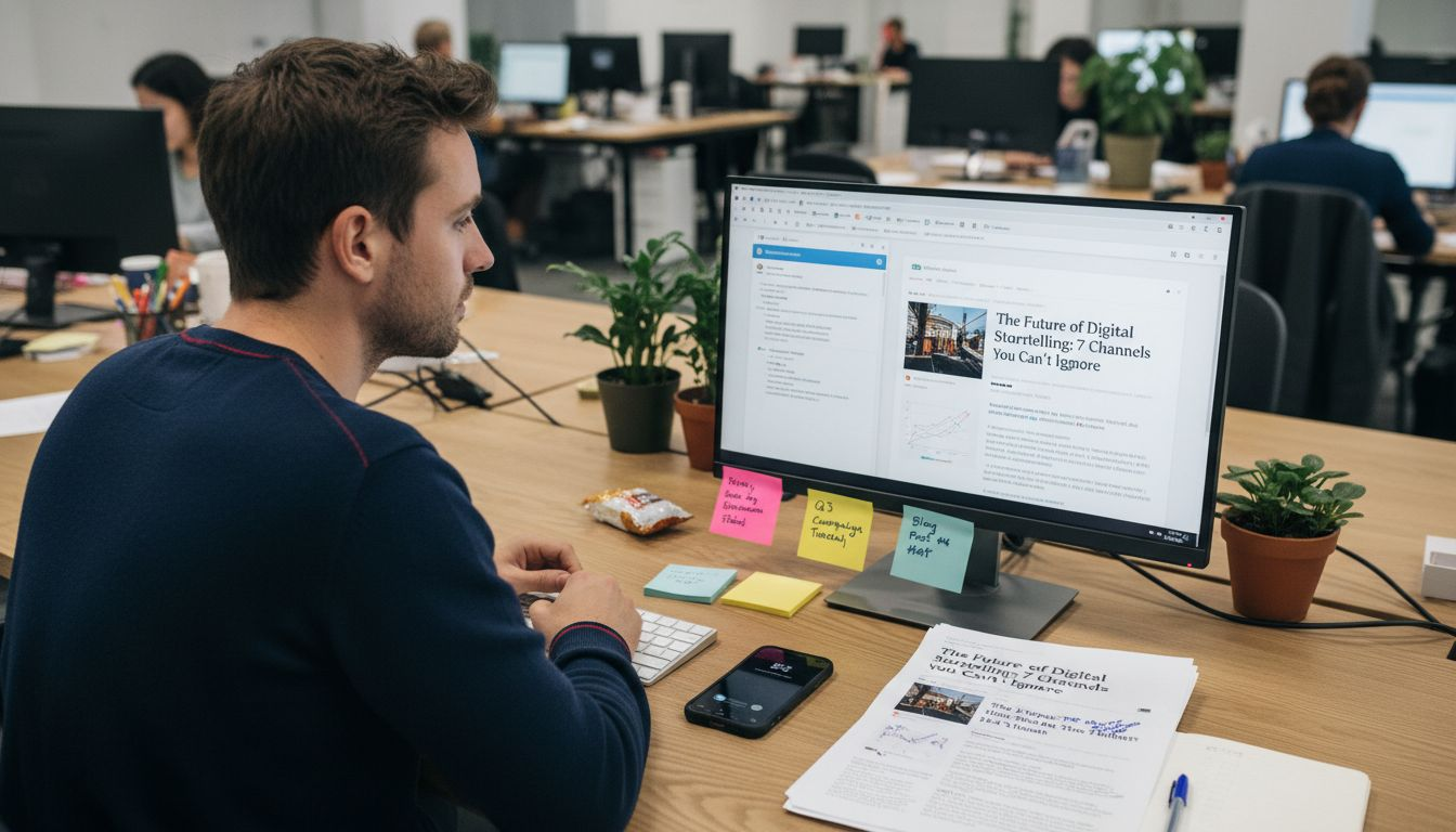 Specialist using several marketing channels at desk