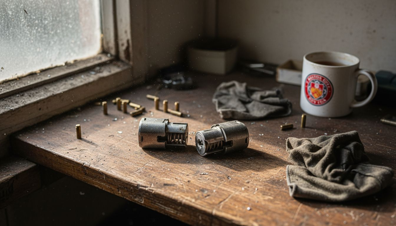 Snapped Euro cylinders and lock parts on wood bench