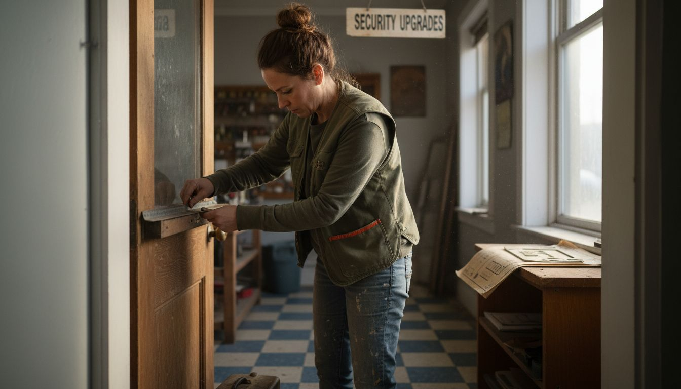 Locksmith measuring shop door for new lock