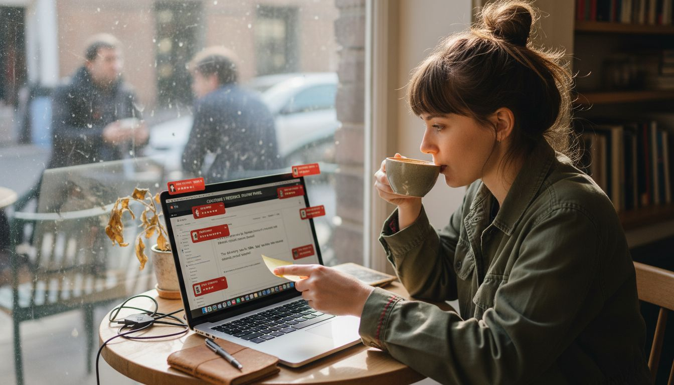 Woman responding to recent reviews at café table