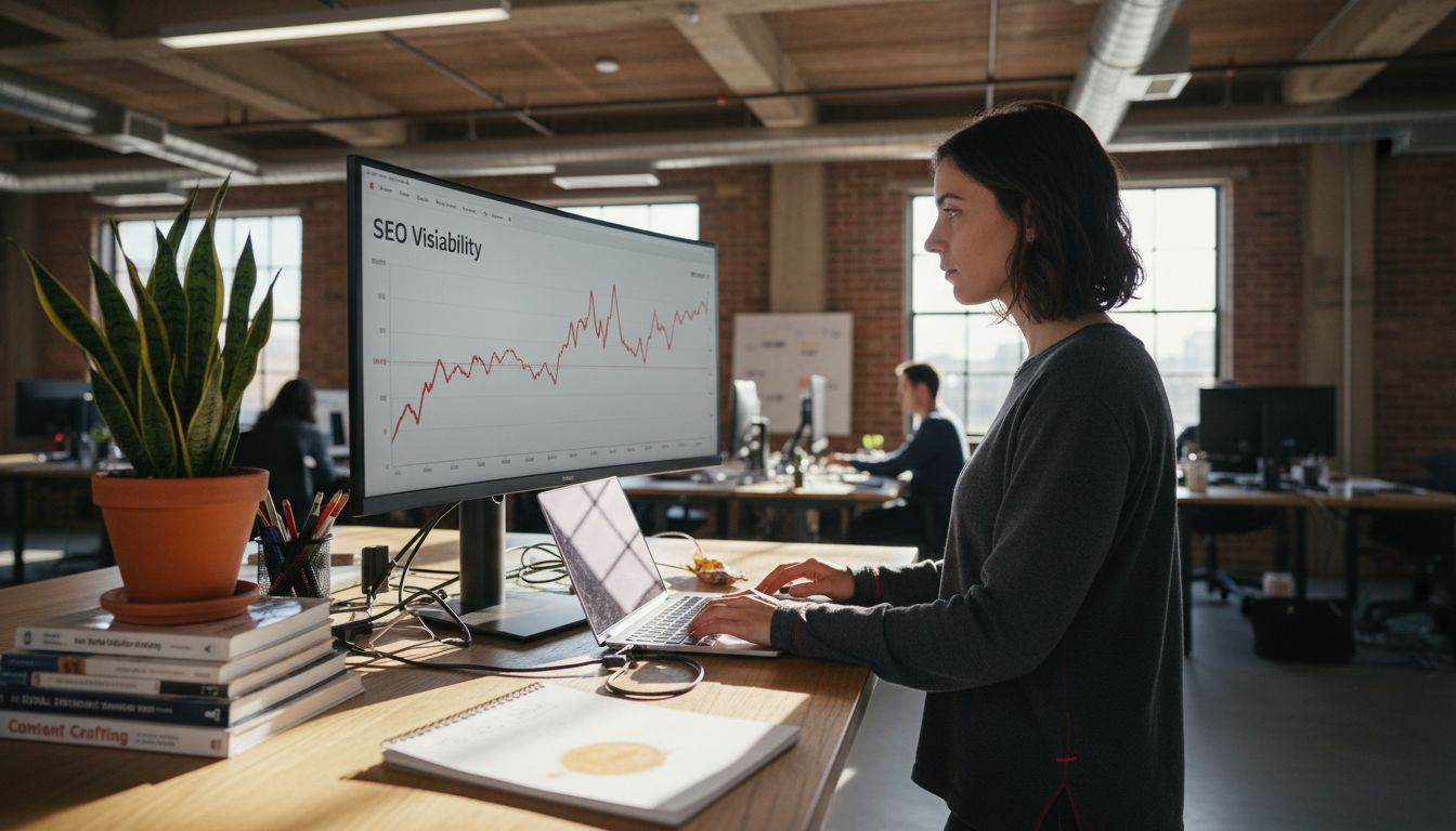 Content creator tracking analytics at standing desk