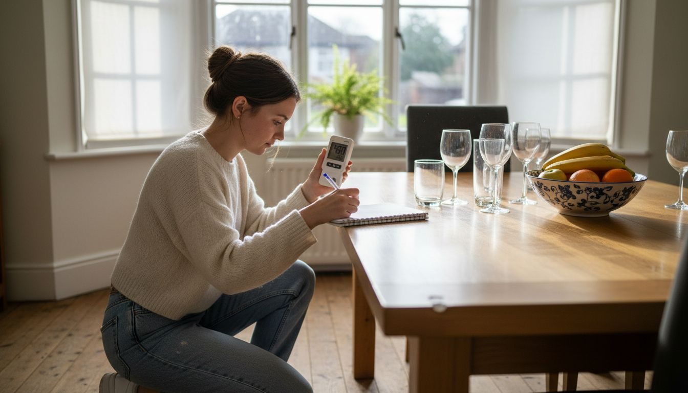 Woman documenting lux meter readings at home