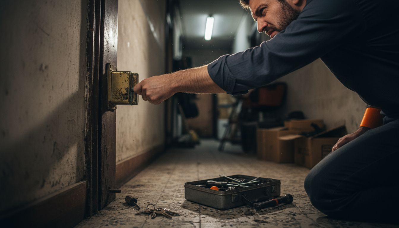 Manager struggling with old lock in back hallway